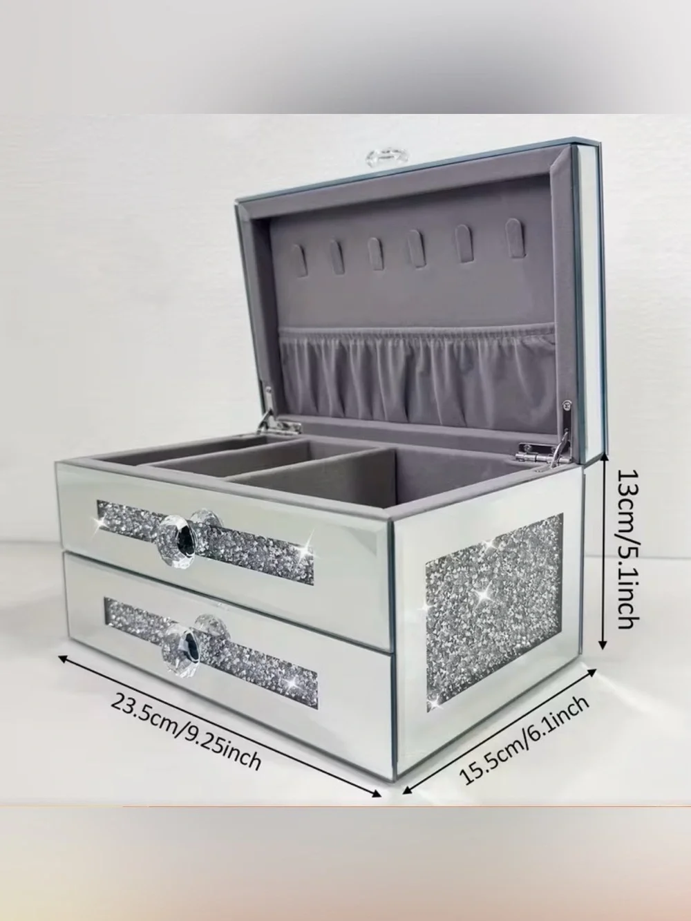 Silver Mirrored Jewelry Box with Crystal Accents - NEW